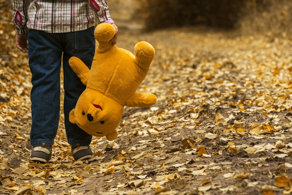 Bambino che cammina in un sentiero con un orsacchiotto in mano